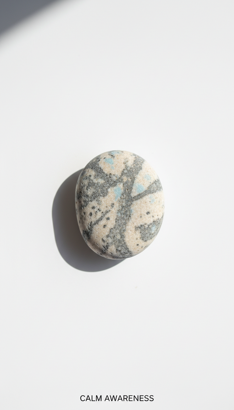 A smooth, oval river stone with natural flecks of subdued grey and blue, placed perfectly centered on a pristine white surface. The surrounding environment is free of clutter, exuding elegant restraint. Muted, indirect sunlight from above left produces soft gradients in the stone’s surface and casts a barely-there halo shadow. The mood is tranquil and grounded, evoking a sense of centeredness. Photographed from directly overhead with sharp focus throughout, the image delivers a clean, minimalist composition with refined, organic detail, ideal for visually representing calm awareness as described by the book.