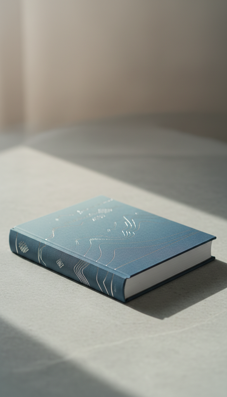 An elegantly designed hardcover book with a matte, muted blue dust jacket embossed with silver minimalist line art, resting atop a smooth, stone-textured surface. The subtle gradients in the cover artwork evoke calm and sophistication, with a soft focus background of gentle, blended beige and grey tones. Soft diffused daylight enters from the left, casting delicate highlights on the book’s edges and a faint shadow on the surface. The mood is contemplative and serene, inviting the viewer into a space of reflection. Framed using the rule of thirds from a slightly elevated angle, the image achieves a sophisticated, minimalist photographic style perfect for a refined book promotion site.