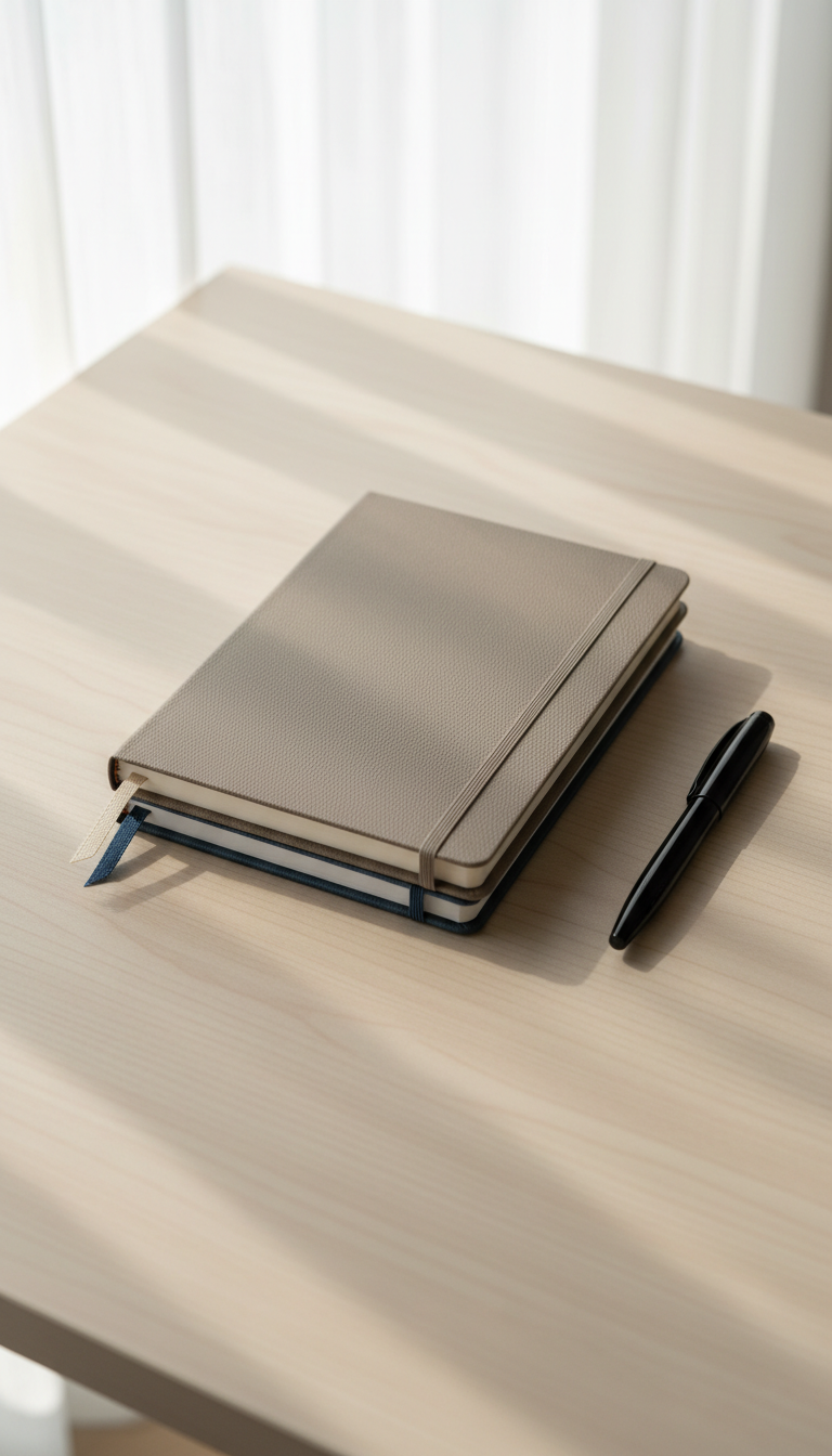 A pair of finely crafted journal notebooks, one in a soft, muted taupe and the other in a deep slate blue, stacked neatly atop each other on a delicately grained ash wood desk. The texture of the notebook covers is subtly pebbled, with narrow linen bookmarks peeking out. A single, smooth onyx pen rests beside them. Natural afternoon light filters through a nearby sheer curtain, lending a gentle wash of illumination and causing restrained, soft-edged shadows across the scene. The mood is composed and poised, with a hint of anticipation for introspective writing. Captured from a slight overhead angle, the image is framed with minimalist negative space, aligning perfectly with the sophisticated, understated photographic style of the site.